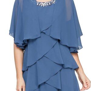 SLNY from Macys Grayish Blue Embellished Tiered Chiffon Dress & Capelet SIZE 24W
